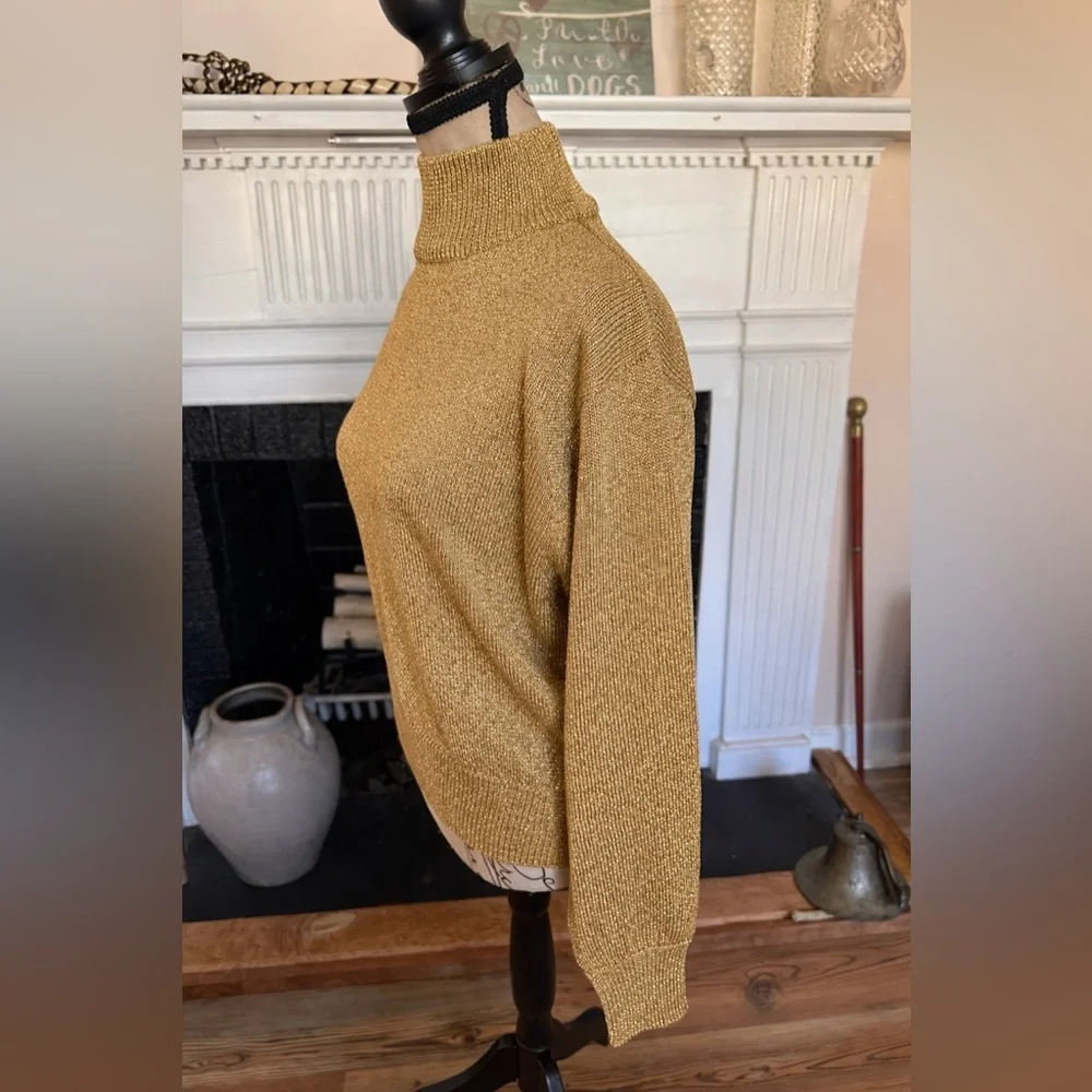Vintage Evan Picone Gold Lurex Turtleneck Sweater Metallic Knit Party Top Sz M